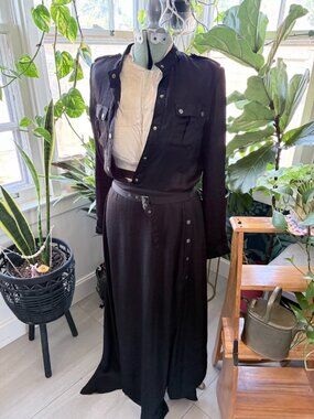 MESHKI Black Satin Utility Maxi Dress with Belt and Gold Hardware (Size S)